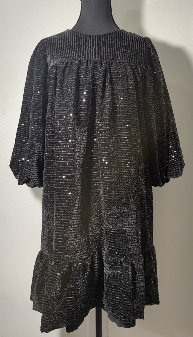 NWT KOKORI Sequin Dress Black Solid 3/4 Sleeve Women Size 16Y
